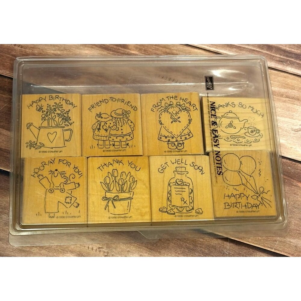V2.1 1996 STAMPIN' UP! NICE & EASY NOTES WOOD MOUNTED RUBBER STAMP SET OF 8